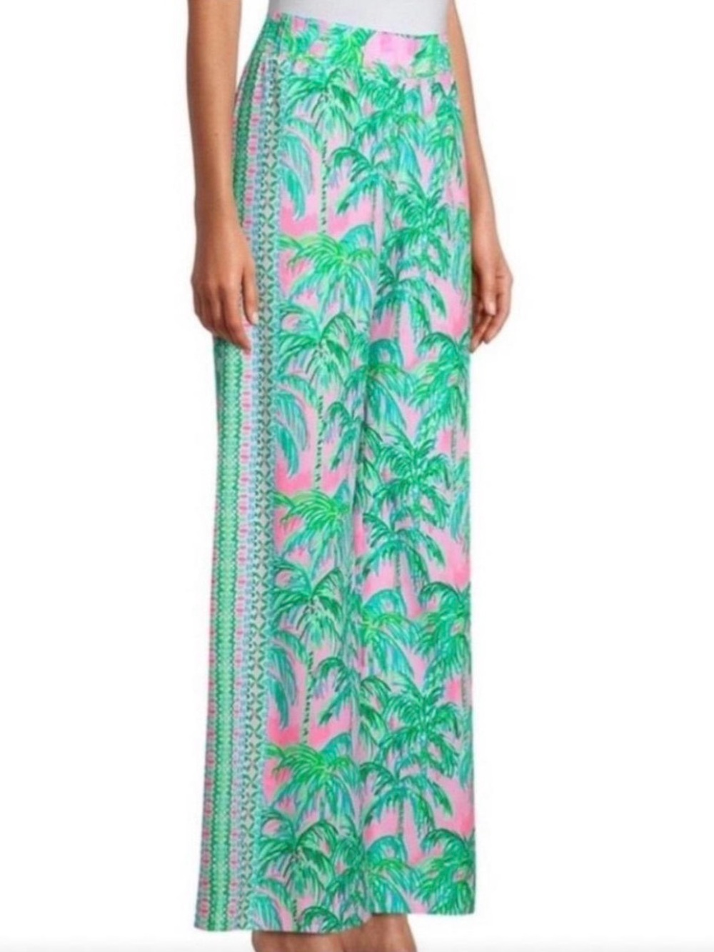 Lilly Pulitzer Bal Harbour Wide Leg Pants Pink Green Tropical Palm Large